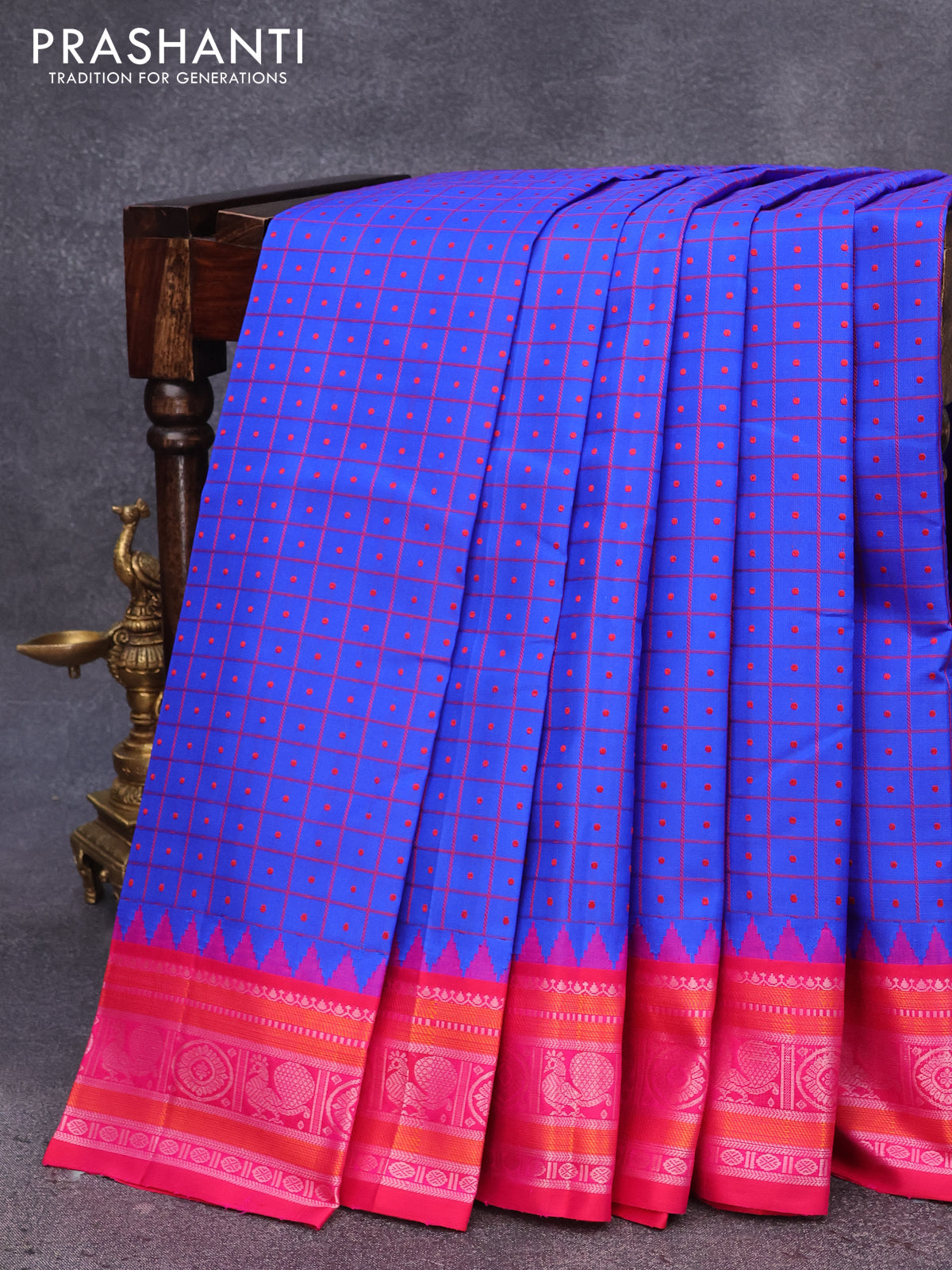 Pure kanjivaram silk saree royal blue and pink with allover thread checks & buttas and temple design thread woven border