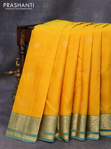 Pure kanjivaram silk saree yellow and dual shade of blue with zari woven buttas and rich zari woven border