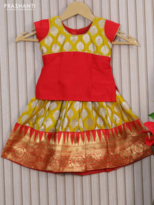 Banarasi kids lehenga red and yellow with patch work neck pattern and silver zari woven buttas & zari border for 0-6 months