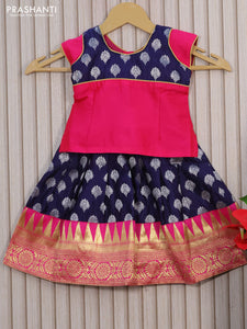 Banarasi kids lehenga pink and navy blue with patch work neck pattern and zari woven buttas & zari border for 0-6 months