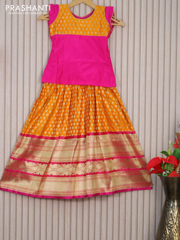 Banarasi kids lehenga pink and mango yellow with patch work neck pattern and zari woven buttas & long zari border for 6 years