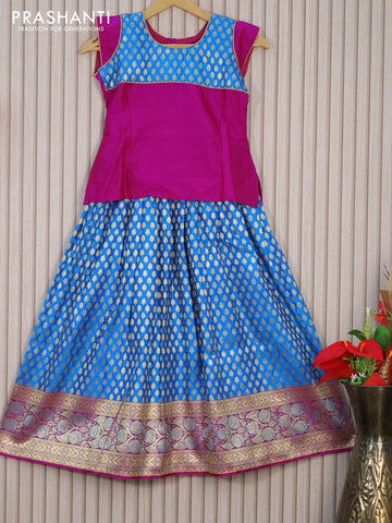 Banarasi kids lehenga magenta pink and cs blue with patch work neck pattern and zari woven butta weaves & long zari border for 8 years