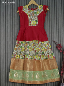 Banarasi kids lehenga red and mild pista green with patch work neck pattern and kalamkari prints embroidery work & long banarasi style sequin work border for 7 years