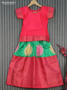 Banarasi kids lehenga pink and green with simple neck pattern and bandhani prints & long banarasi style border for 7 years