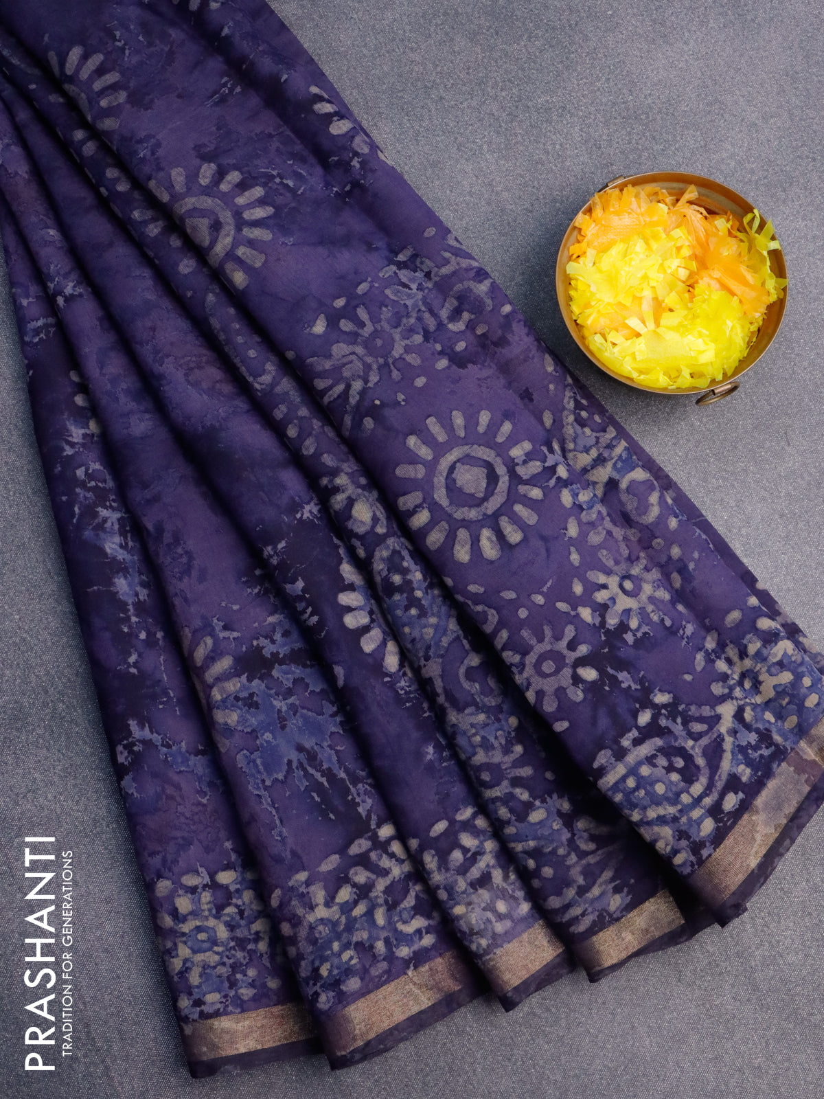 Muslin cotton saree dark blue with tie and dye & batik butta prints and small zari woven border