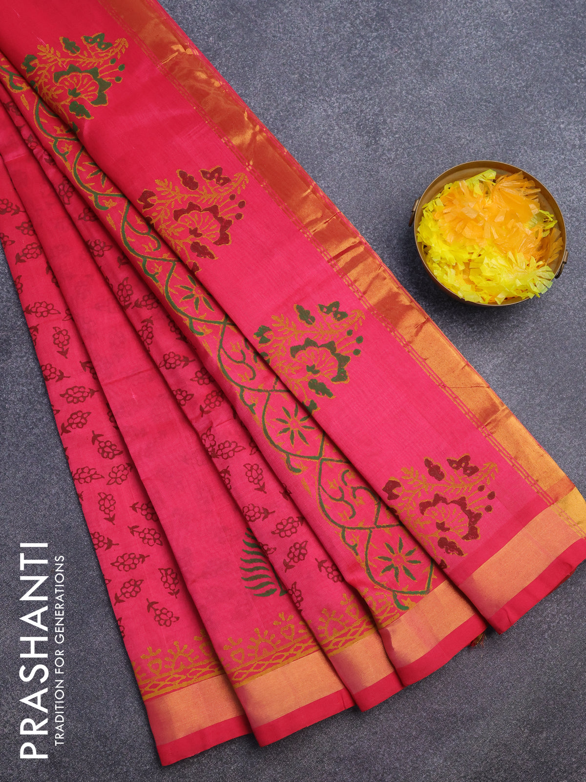 Silk cotton block printed saree pink with allover floral butta prints and zari woven border