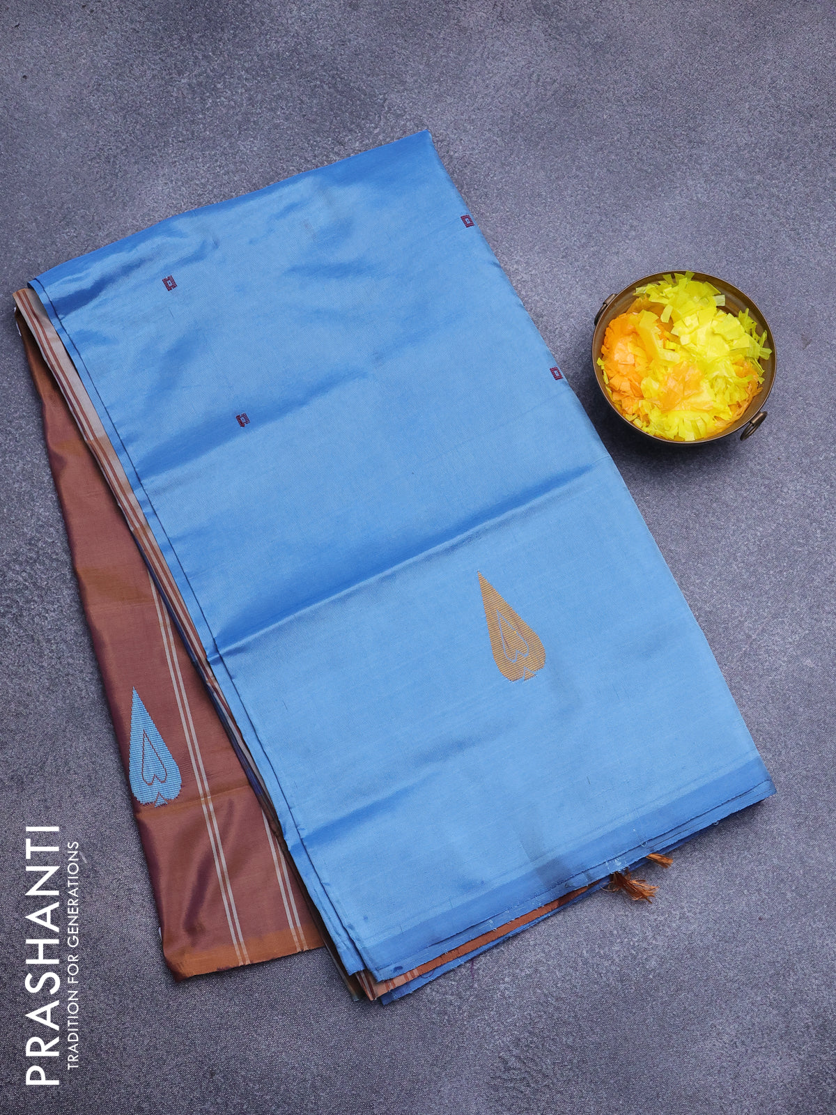 Banana pith saree blue and honey shade with thread woven buttas in borderless style