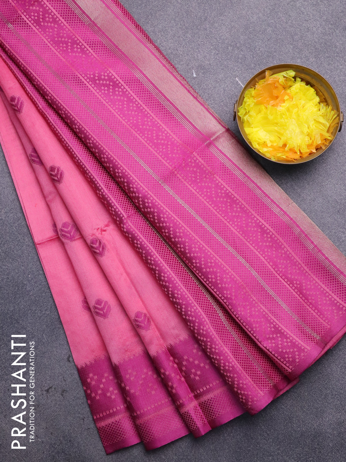 Semi dupion saree pink and purple with thread woven buttas and thread woven border