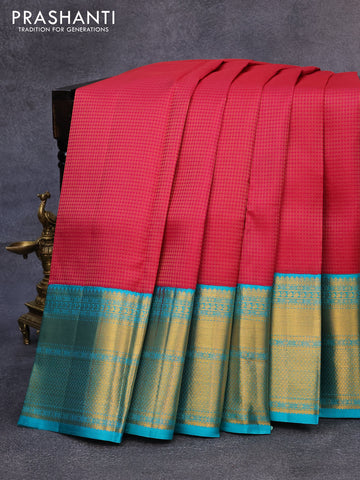 Pure kanjivaram silk saree pink and teal blue with allover zari checked pattern and long zari woven border