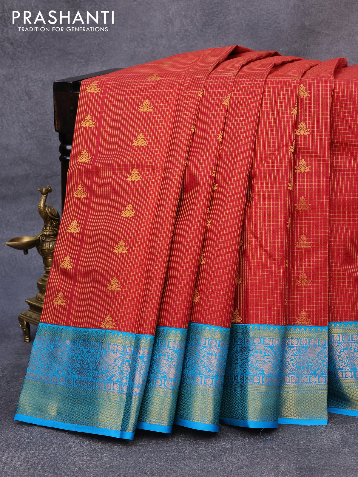 Pure kanjivaram silk saree red and cs blue with allover checked pattern & zari buttas and zari woven border