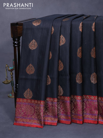 Banarasi handloom dupion silk saree black and dual shade of red with thread & zari woven buttas and floral design woven border