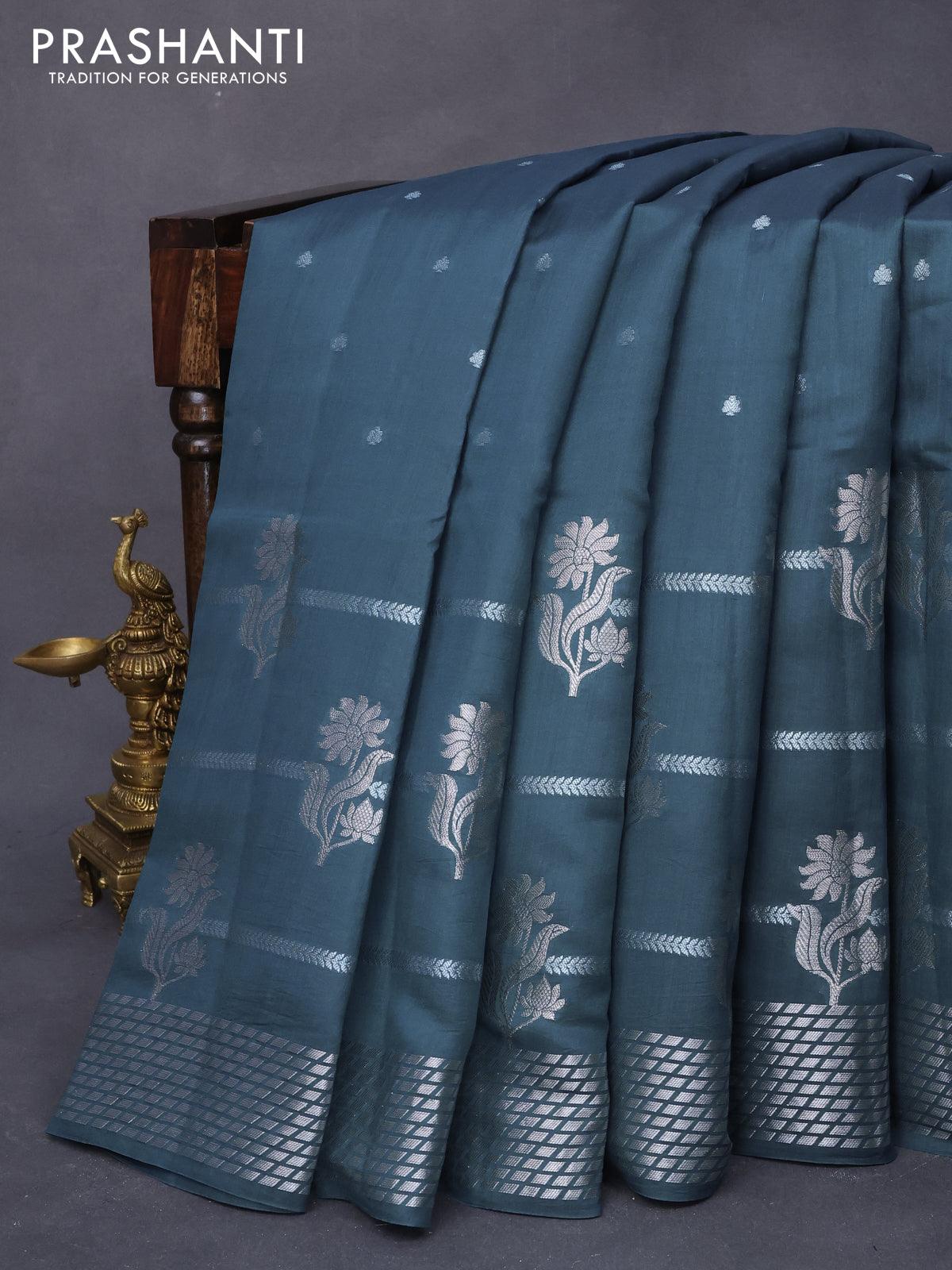 Chiniya silk saree peacoock green with silver zari woven buttas and zari woven border