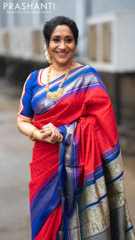 Pure kanjivaram silk saree red and blue with allover checked pattern and temple design thread woven border