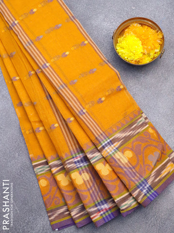 Bengal cotton saree mustard yellow and blue with thread woven buttas and thread woven border without blouse