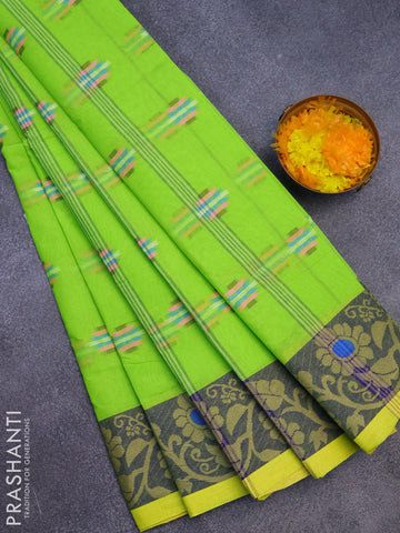 Bengal cotton saree fluorescent green and lime yellow with thread woven buttas and thread woven border without blouse