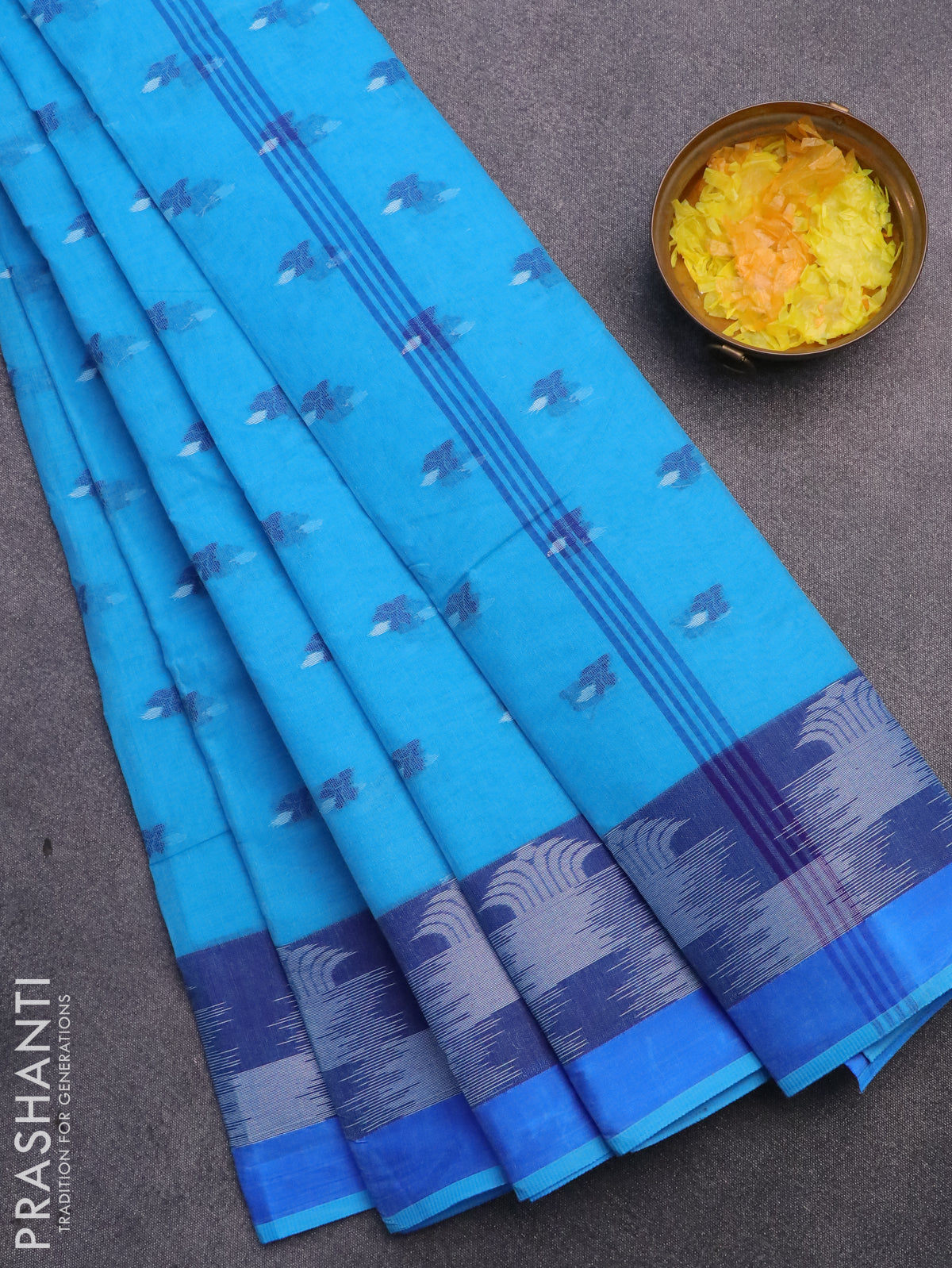 Bengal cotton saree cs blue and blue with thread woven buttas and thread woven border without blouse