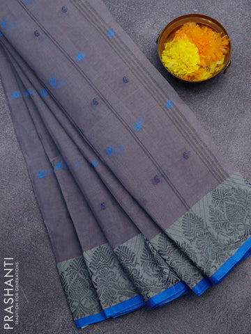 Bengal cotton saree grey and cs blue with thread woven buttas and thread woven border without blouse