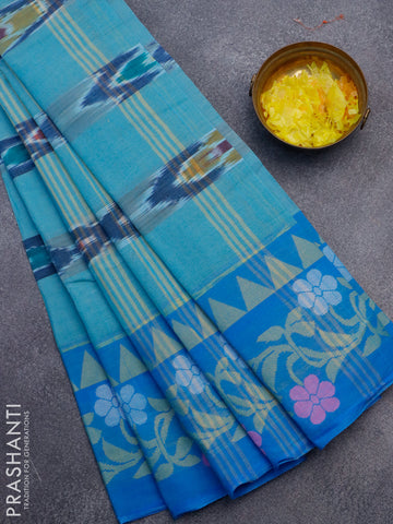 Bengal cotton saree teal blue and cs blue with ikat weaves and thread woven border without blouse