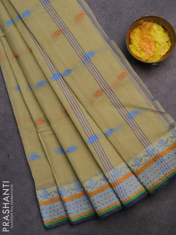 Bengal cotton saree elaichi green and blue with thread woven buttas and thread woven border without blouse