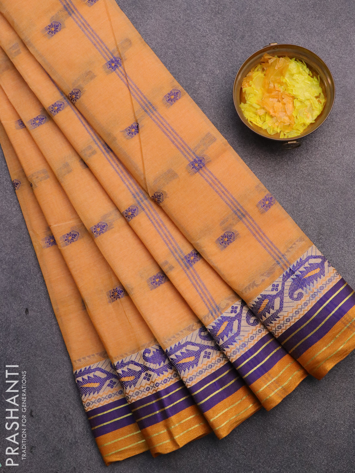 Bengal cotton saree pale orange with thread woven buttas and thread woven border without blouse