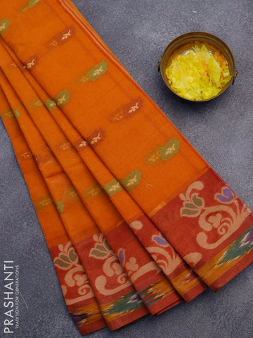 Bengal cotton saree dark mustard and rust shade with thread woven buttas and thread woven ikat border without blouse