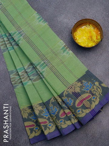 Bengal cotton saree pastel green and blue with allover ikat weaves and thread woven border without blouse