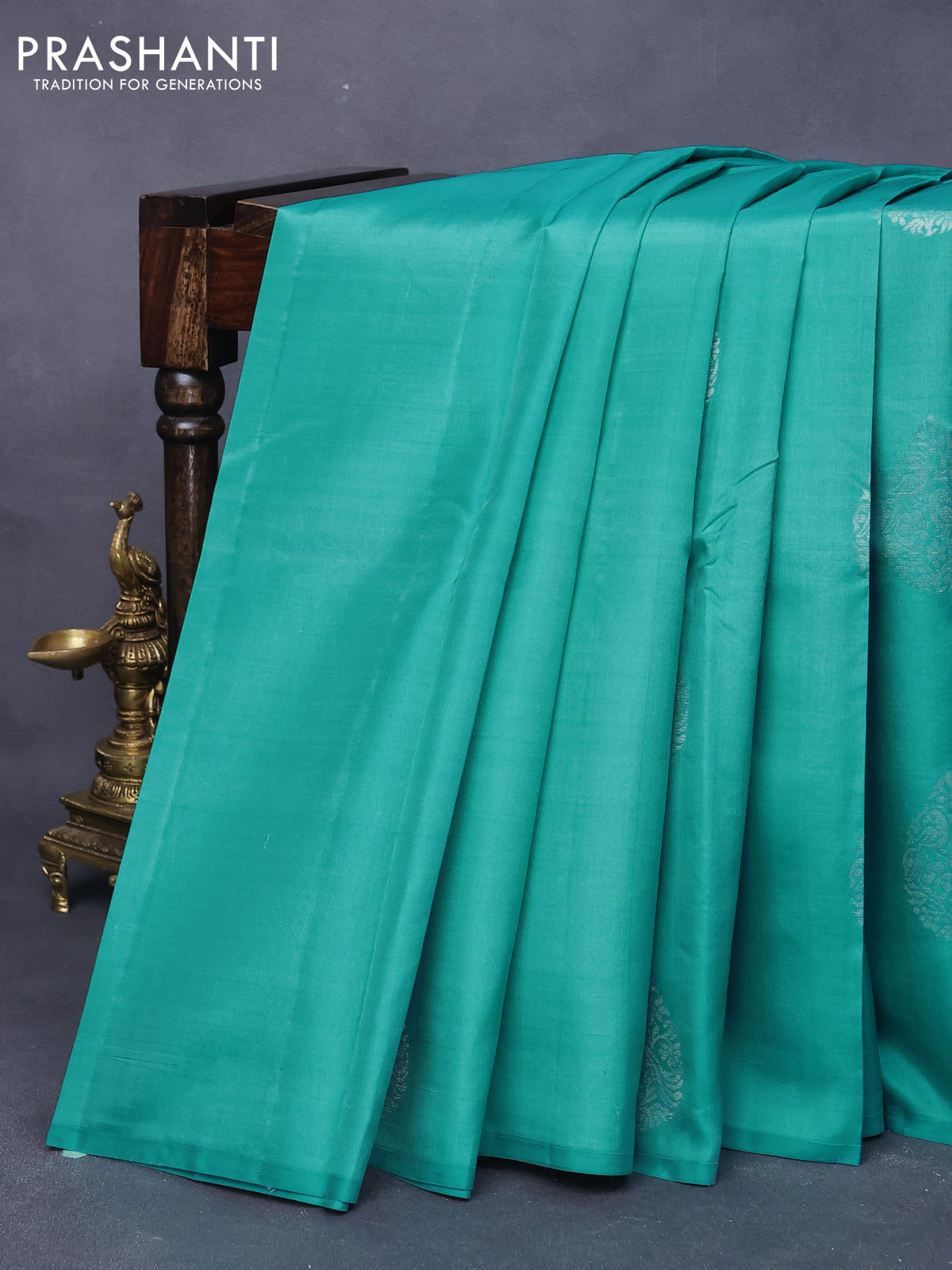 Pure kanjivaram silk saree teal blue and dual shade of pinkish orange with silver zari woven buttas in borderless style