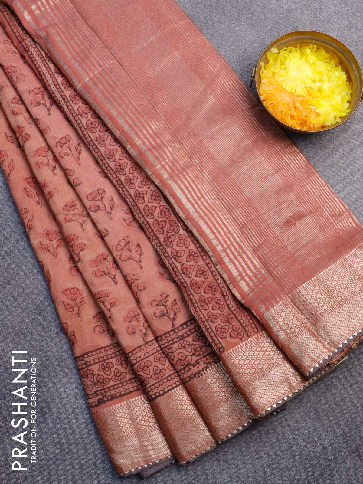 Chanderi silk cotton saree rust shade and grey with natural vegetable prints and zari woven gotapatti lace border