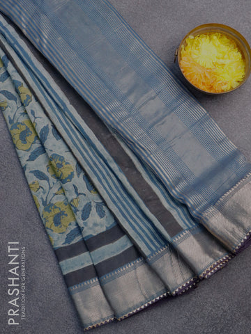 Chanderi silk cotton saree pastel blue shade and blue shade with natural vegetable prints and zari woven gotapatti lace border