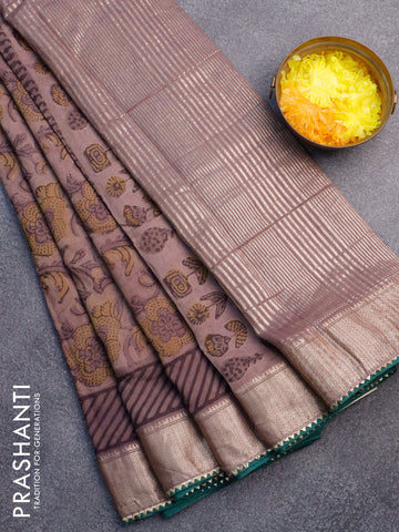 Chanderi silk cotton saree pastel brown shade and green with natural vegetable prints and zari woven gotapatti lace border