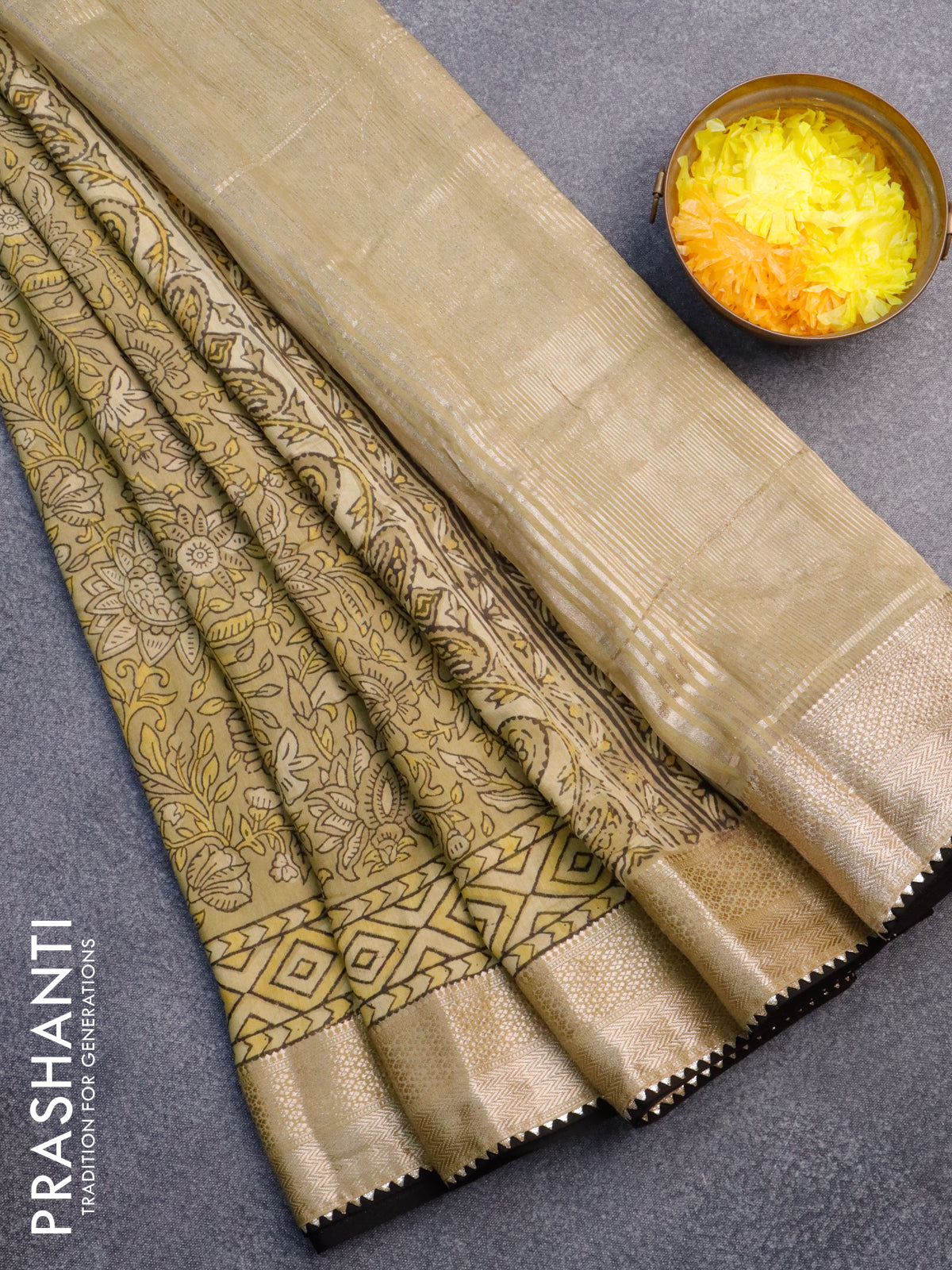 Chanderi silk cotton saree elaichi green and black with natural vegetable prints and zari woven gotapatti lace border