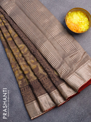 Chanderi silk cotton saree pastel brown and maroon with natural vegetable prints and zari woven gotapatti lace border