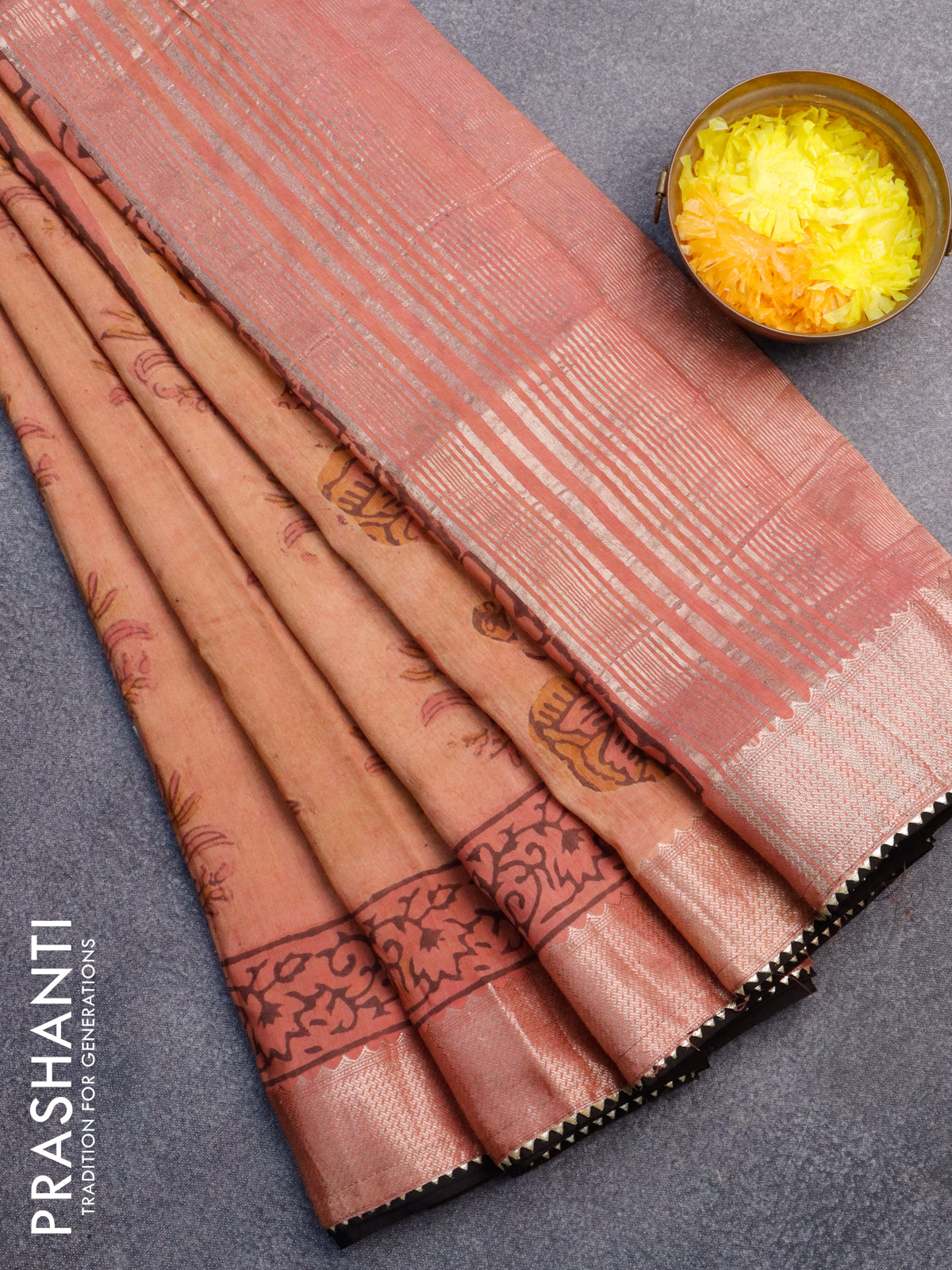 Chanderi silk cotton saree rust shade and black with natural vegetable butta prints and zari woven gotapatti lace border