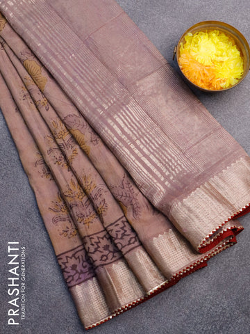 Chanderi silk cotton saree pastel brown shade and maroon with natural vegetable butta prints and zari woven gotapatti lace border