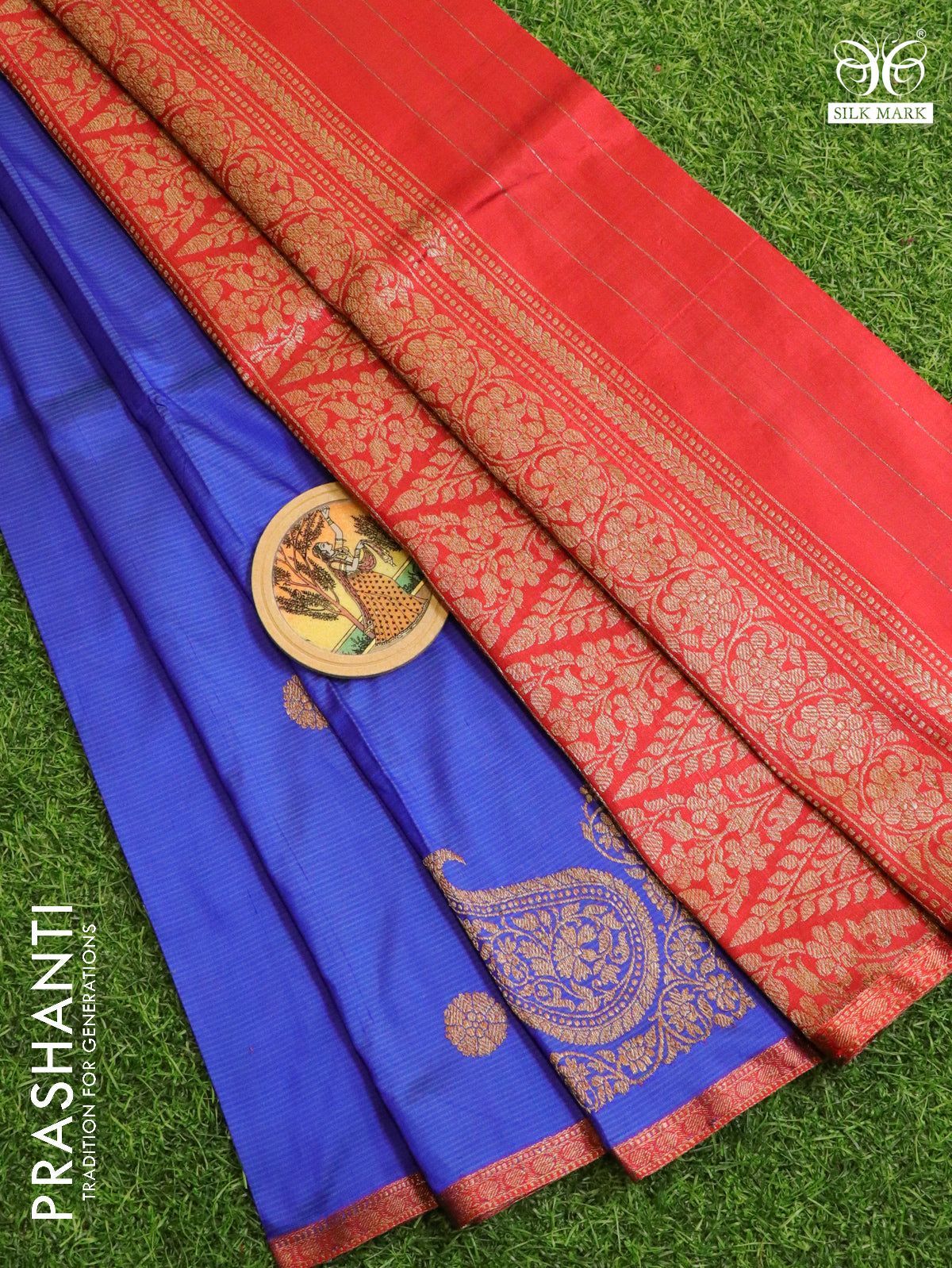 Banarasi katan silk saree blue and maroon with allover stripes woven buttas and small zari woven border