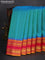 Pure gadwal silk saree dual shade of teal green and pink with allover zari checked pattern and temple design zari woven border