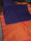 Pure kanchipuram silk saree blue and dual shade of pinkish orange with plain body and zari woven korvai border