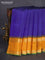 Pure kanchipuram silk saree blue and mustard yellow with plain body and temple design simple border