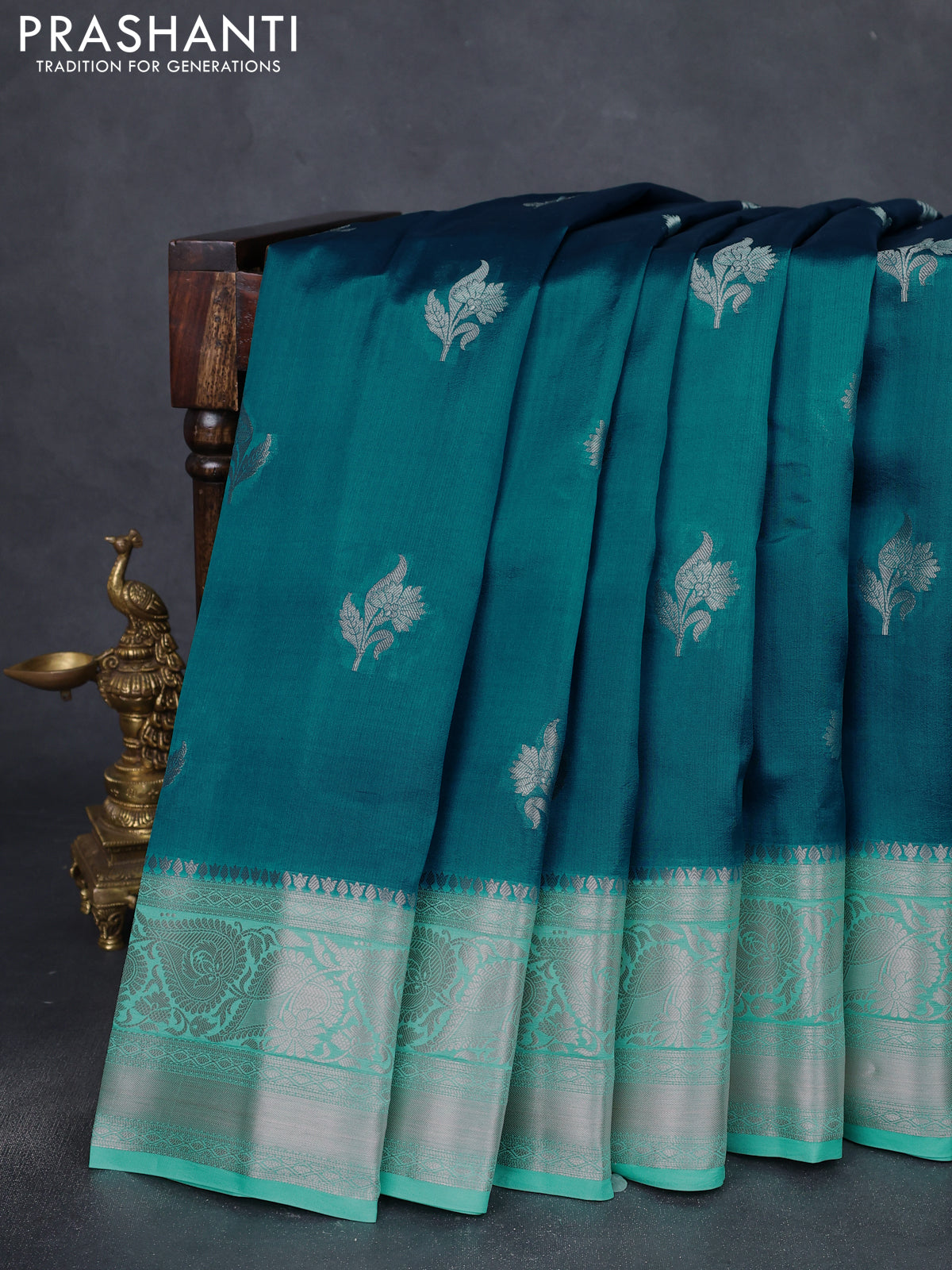 Banarasi poona silk saree peacock blue and teal green shade with zari woven floral buttas and long zari woven border