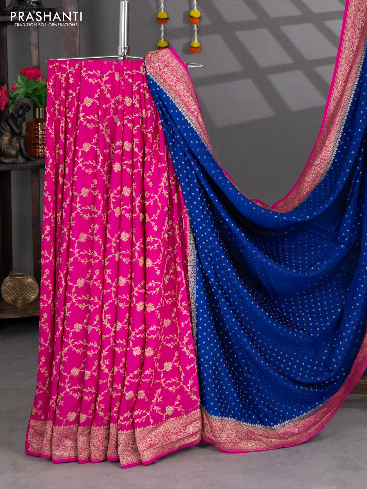 Banarasi crepe partly saree blue and pink with woven buttas and woven border