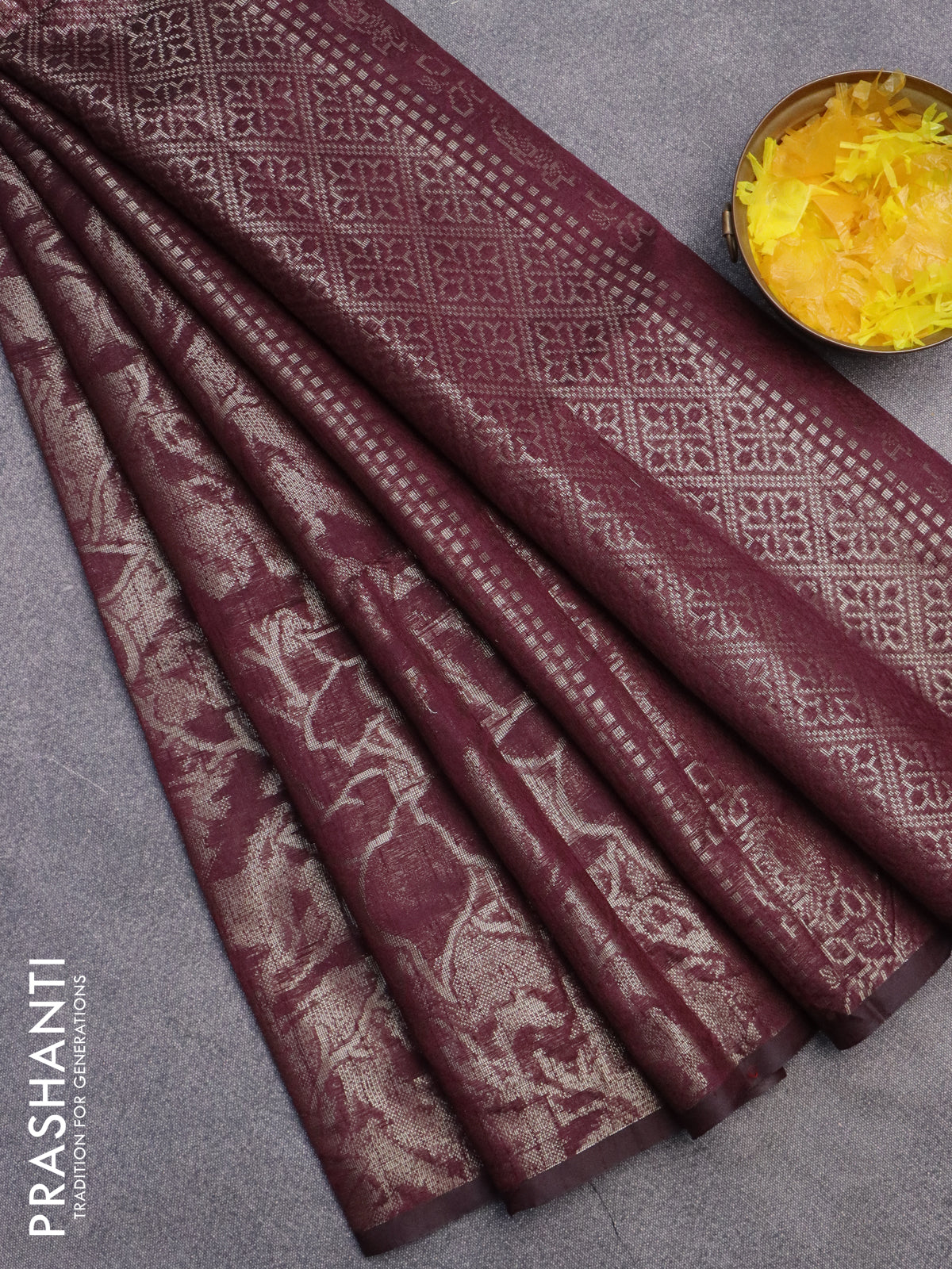 Banarasi matka tissue saree wine shade with allover zari woven brocade weaves in borderless style