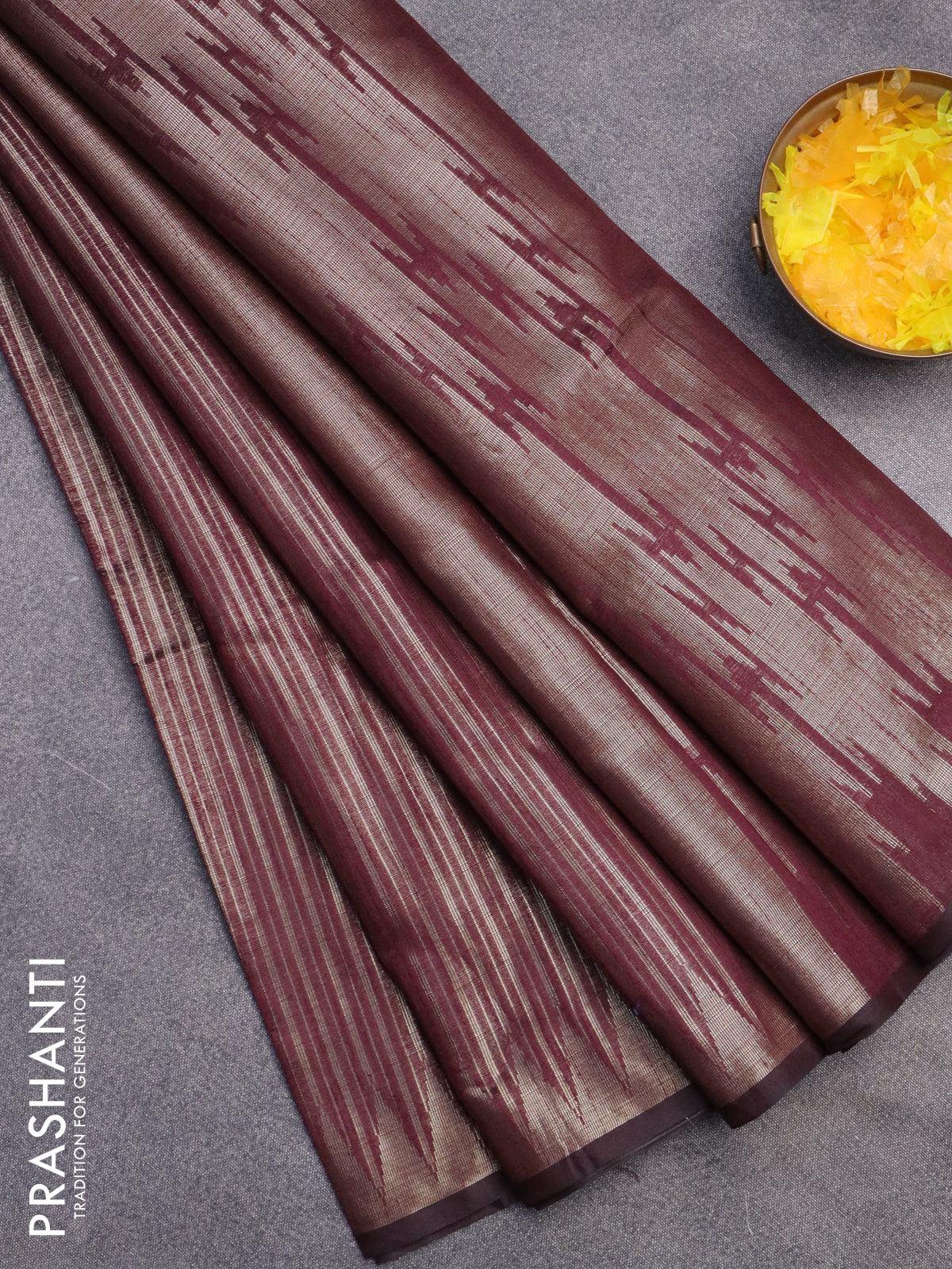 Banarasi matka tissue saree wine shade with allover zari weaves and temple deisgn zari woven border