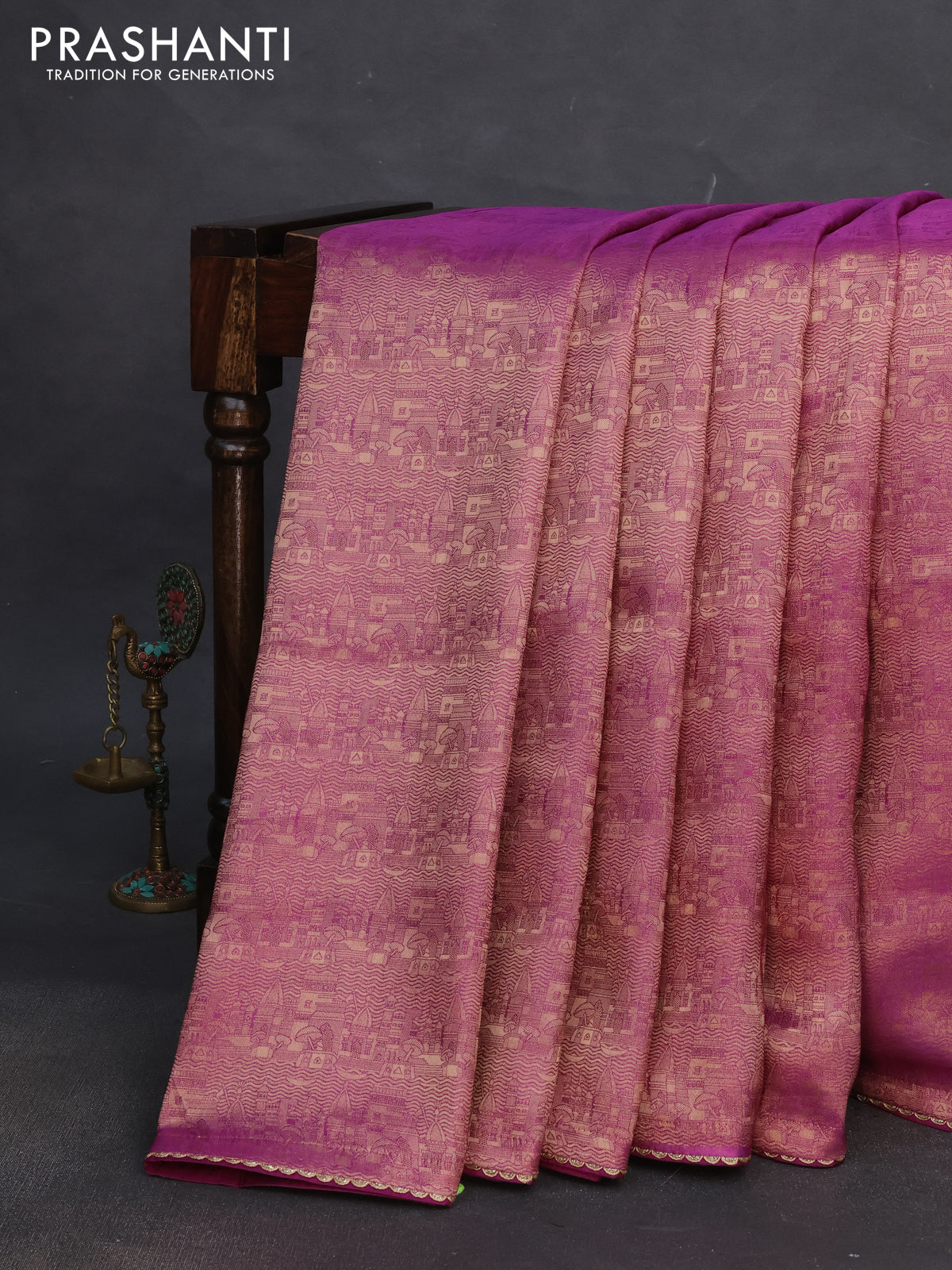 Banarasi semi crepe saree purple with allover zari woven brocade weaves and lace work border
