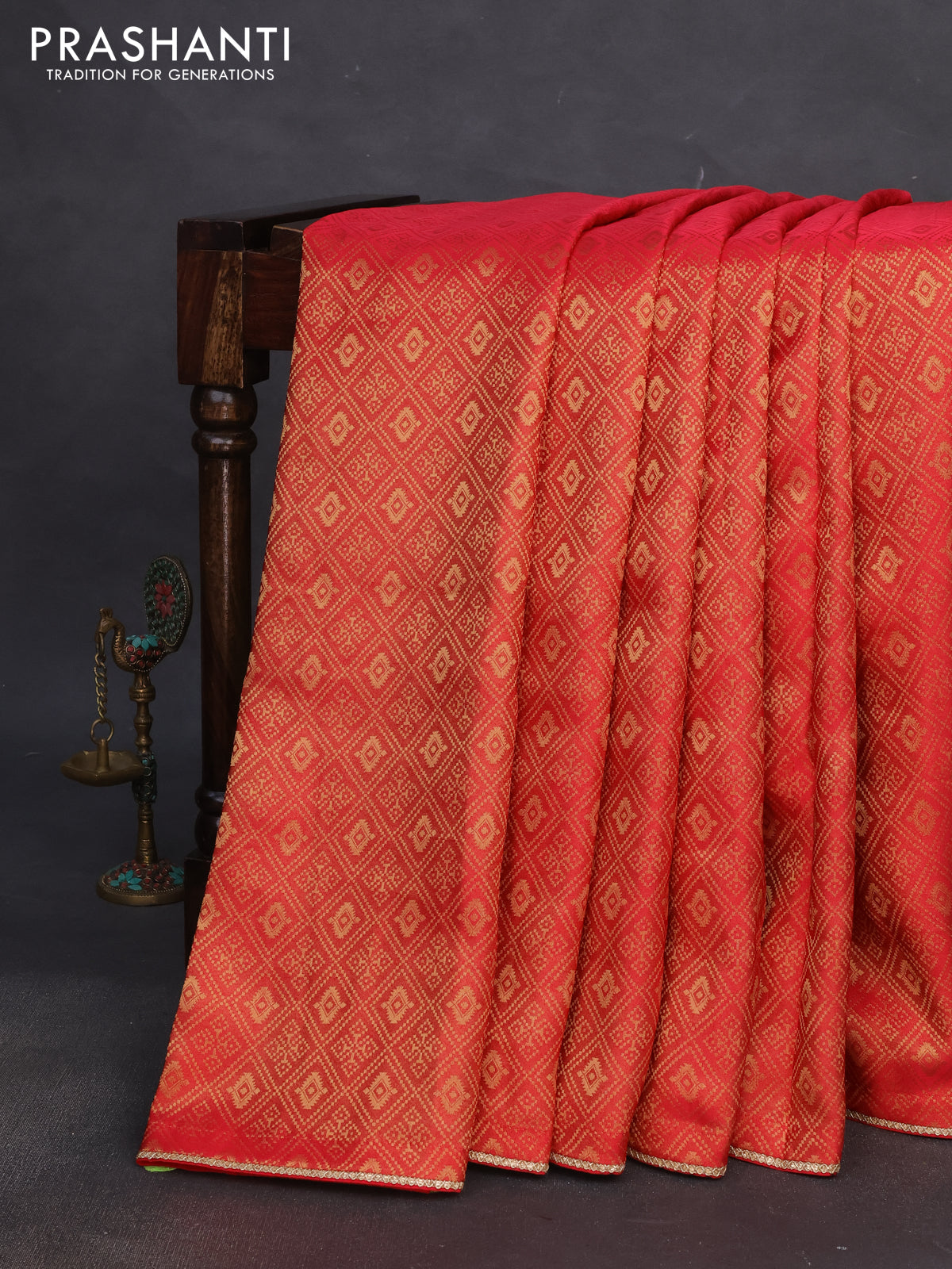 Banarasi semi crepe saree red with allover zari woven brocade weaves and lace work border