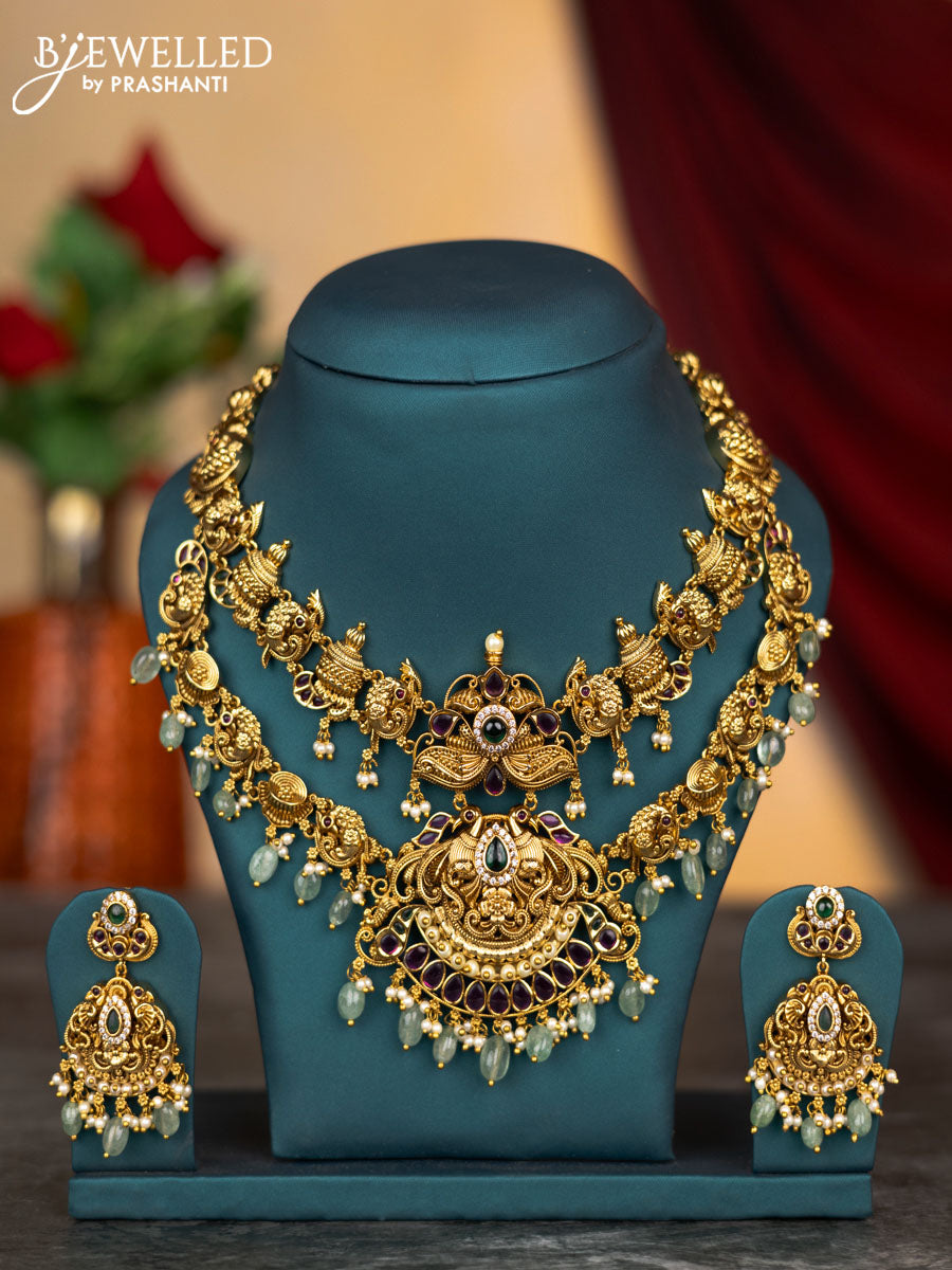 Antique double layer necklace peacock design with kemp & cz stones and pearl & mint green beads hangings