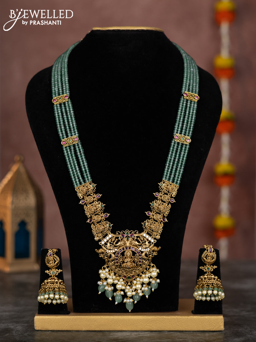 Beaded multilayer mint green necklace lakshmi pendant with kemp & cz stones and pearl hangings in victorian finish