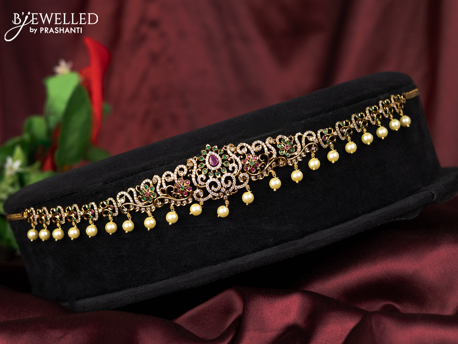 Antique hip belt with kemp & cz stones and pearl hangings