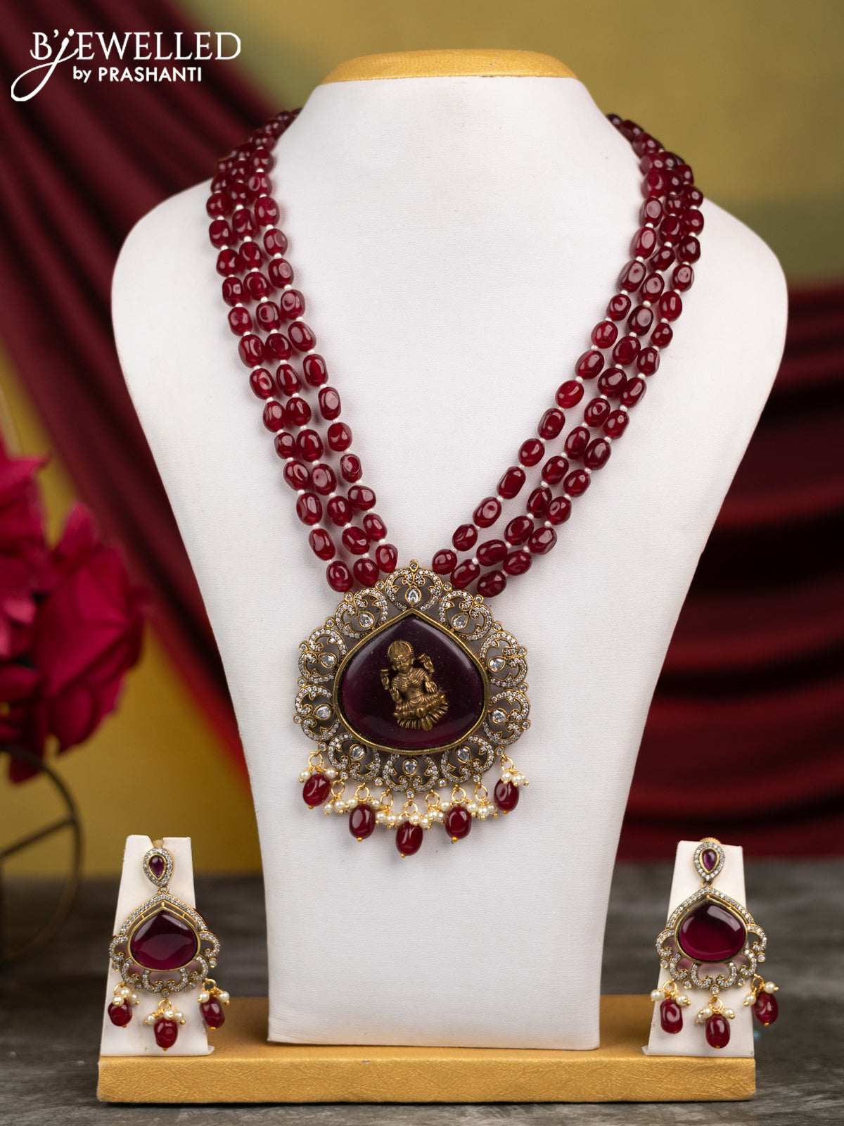 Beaded triple layer maroon necklace lakshmi design with ruby & cz stones and pearl & beads hangings in victorian finish