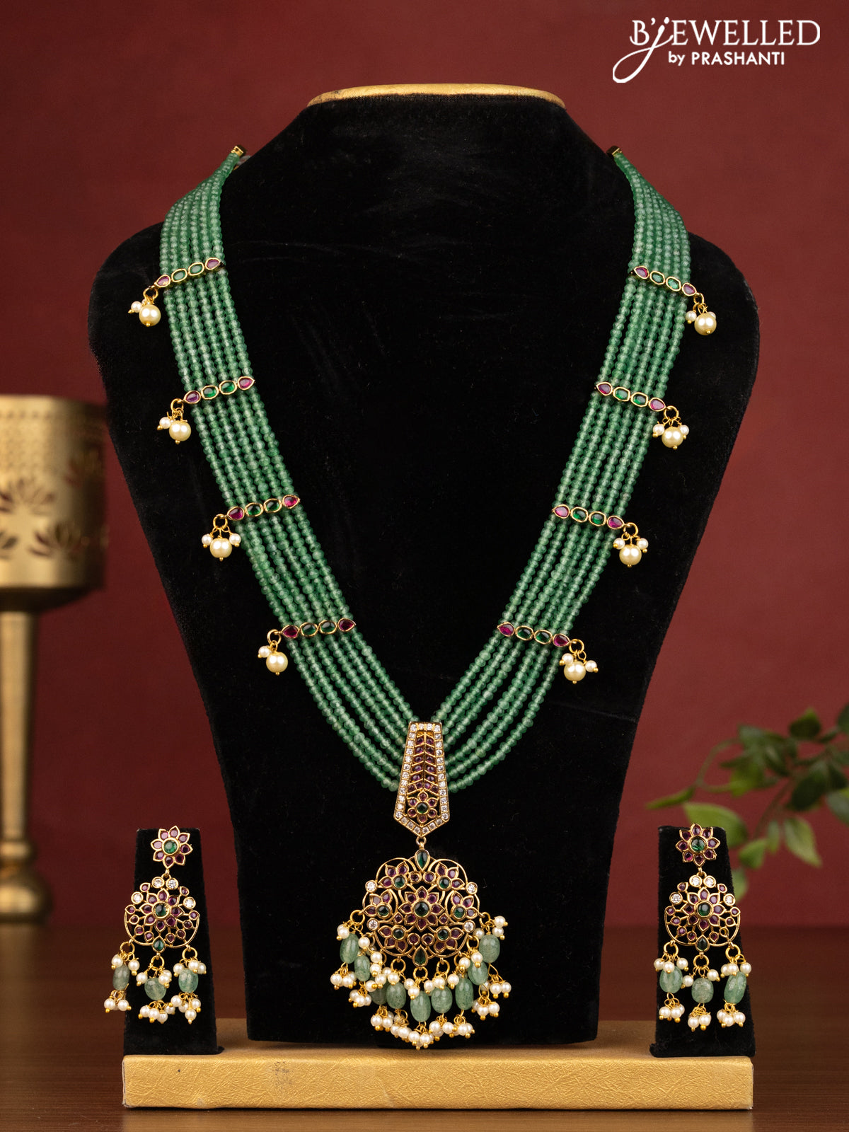 Beaded multilayer green haaram with kemp stones and beads & pearl hangings