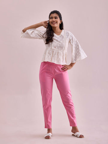 Women Solid Young Pink Mid Rise Cotton Pants